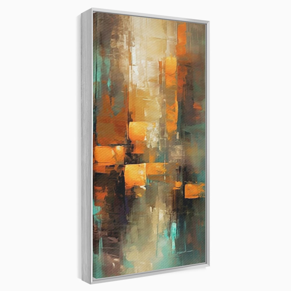 Tablou canvas cu pictura abstracta cu linii verticale, in rama de aluminiu argintiu